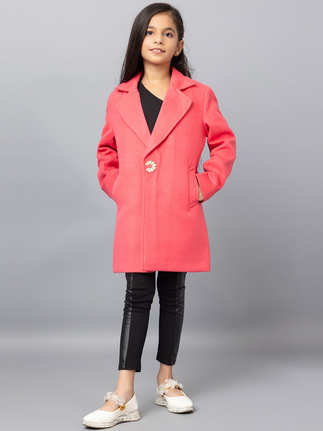 

CHKOKKO Girls Woollen Longline Overcoat, Pink