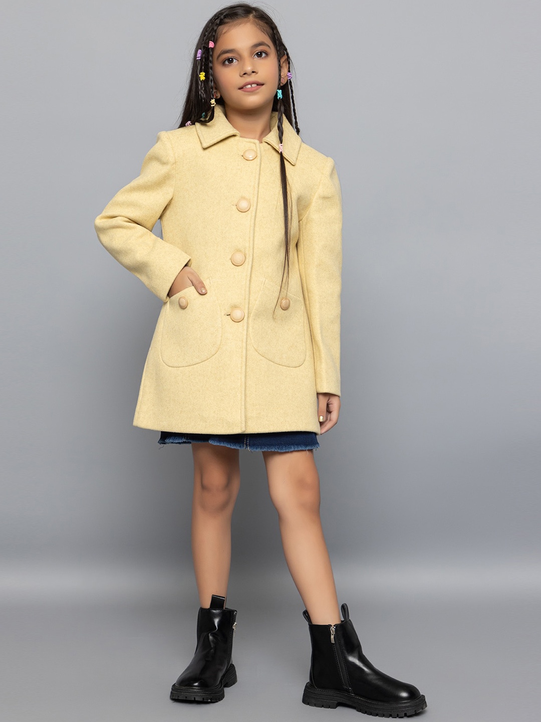 

CHKOKKO Girls Single Breasted Woolen Trench Coat, Yellow