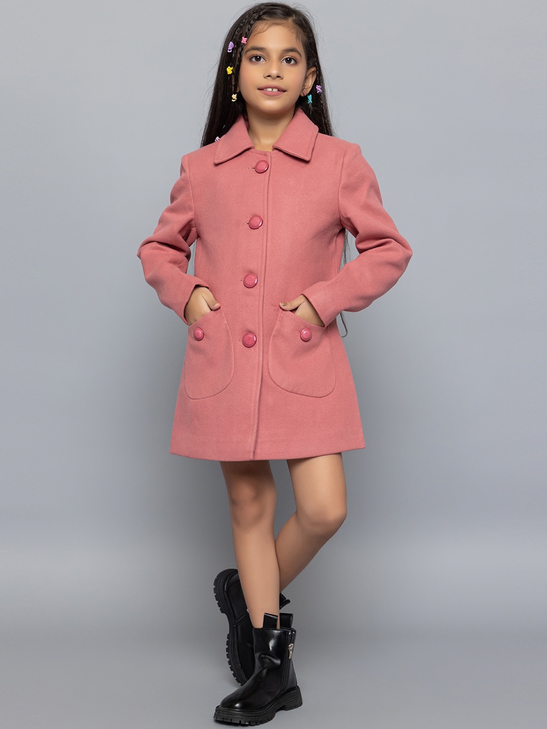 

CHKOKKO Girls Single Breasted Woolen Trench Coat, Pink