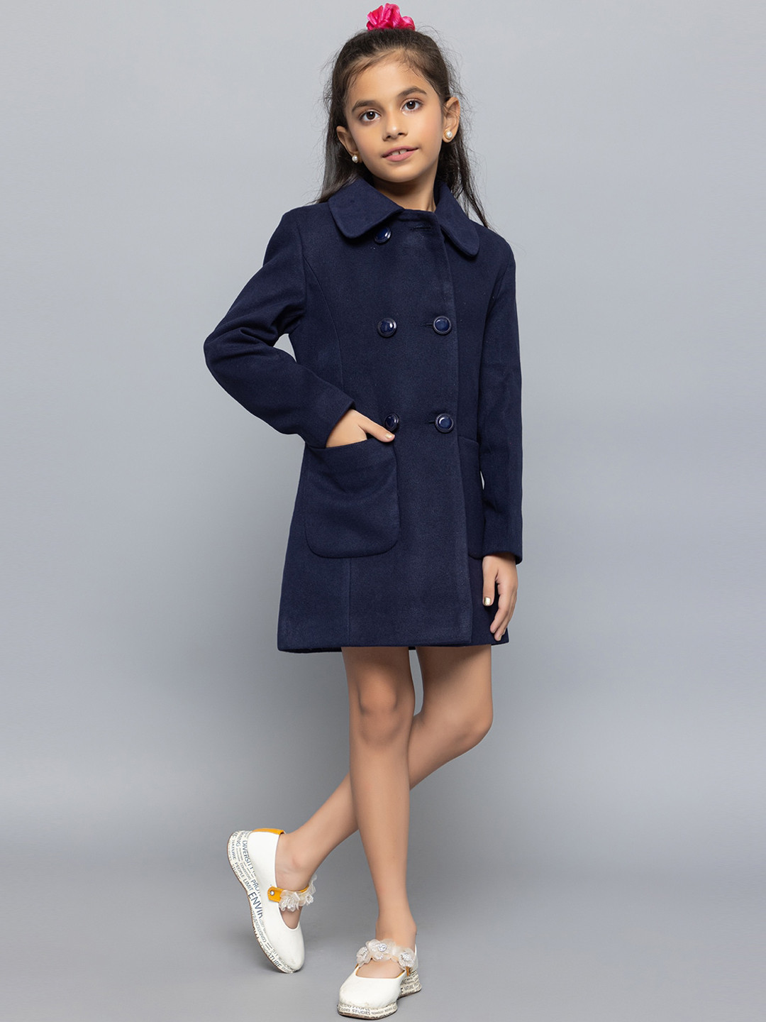 

CHKOKKO Girls Single Breasted Woolen Trench Coat, Navy blue