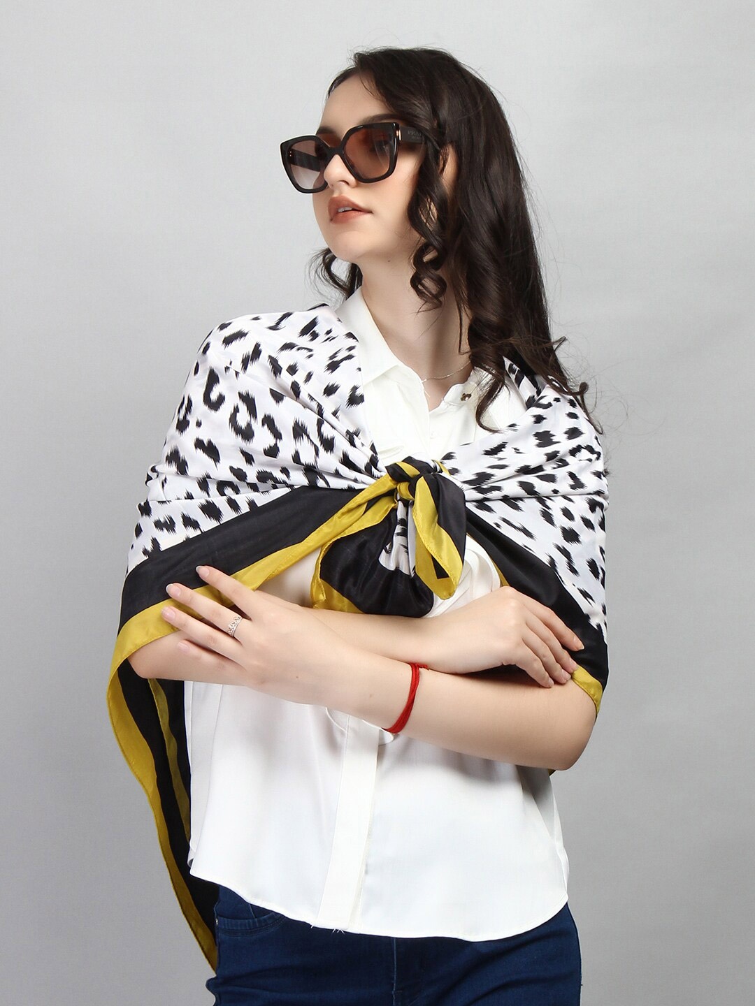 

RUNWAYIN Animal Printed Satin Scarf, White