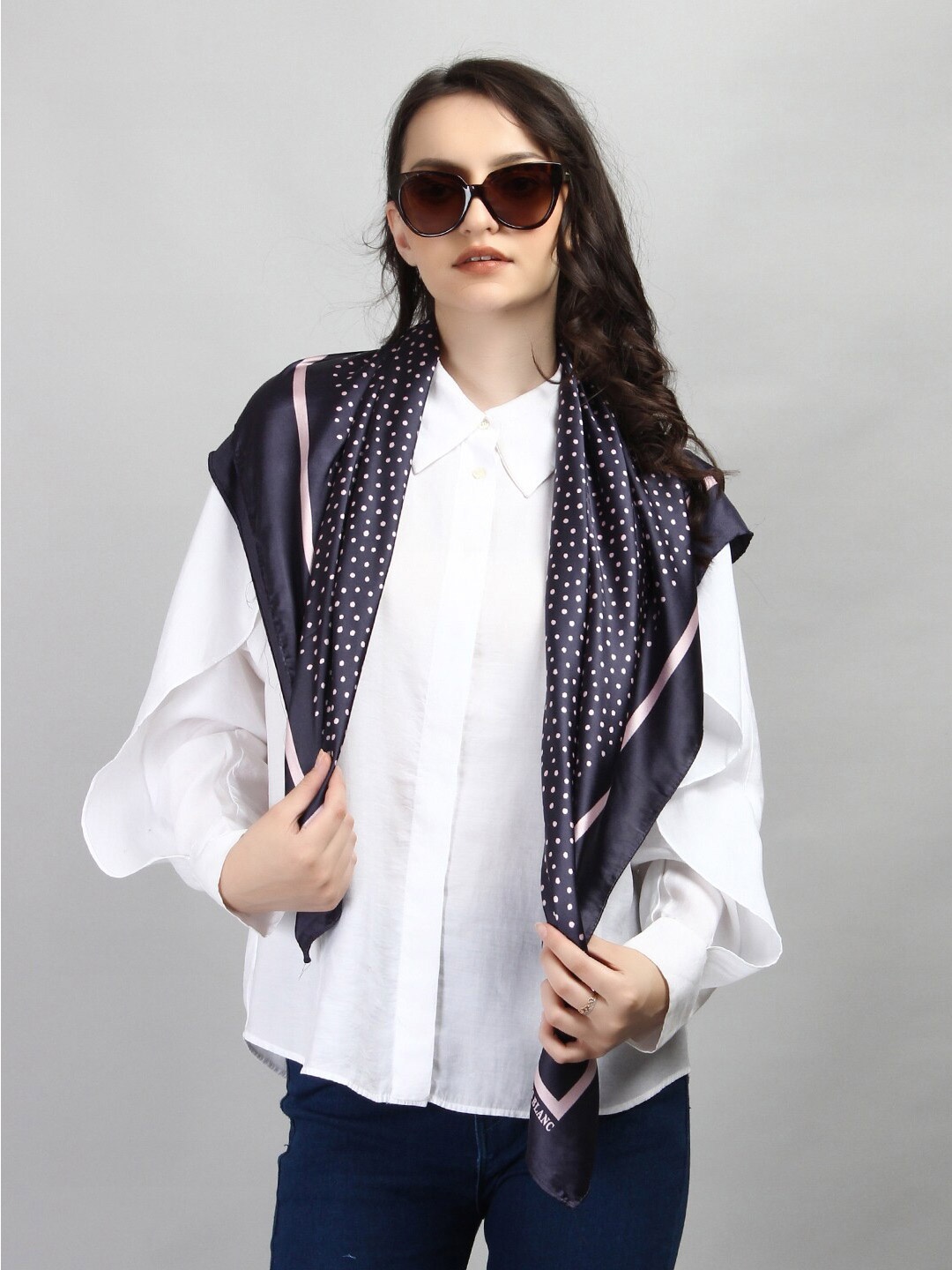 

RUNWAYIN Polka Dots Printed Satin Scarf, Blue