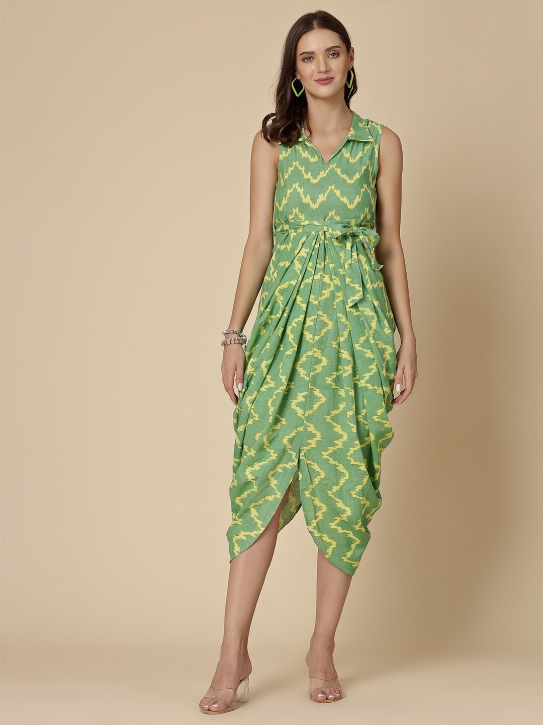 

Sangria Abstract Printed Shirt Collar Tie-Ups A-Line Tulip Midi Dress, Green