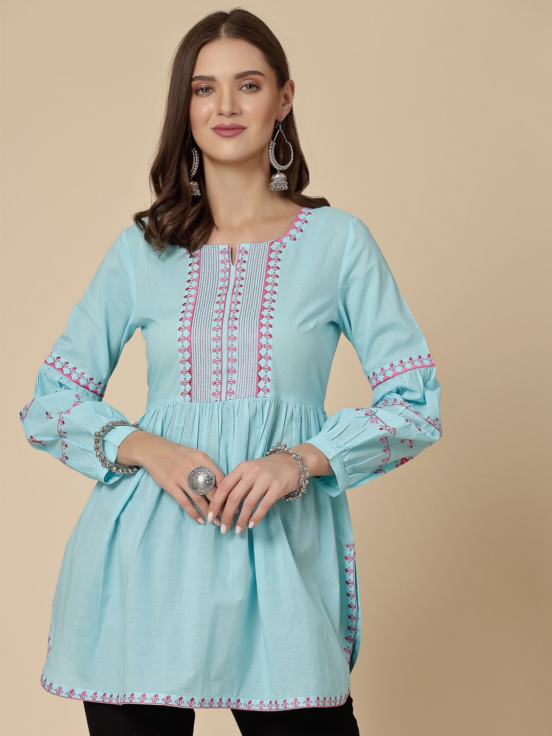 

Sangria Ethnic Motifs Embroidered Thread Work Detail A-Line Short Kurti, Turquoise blue