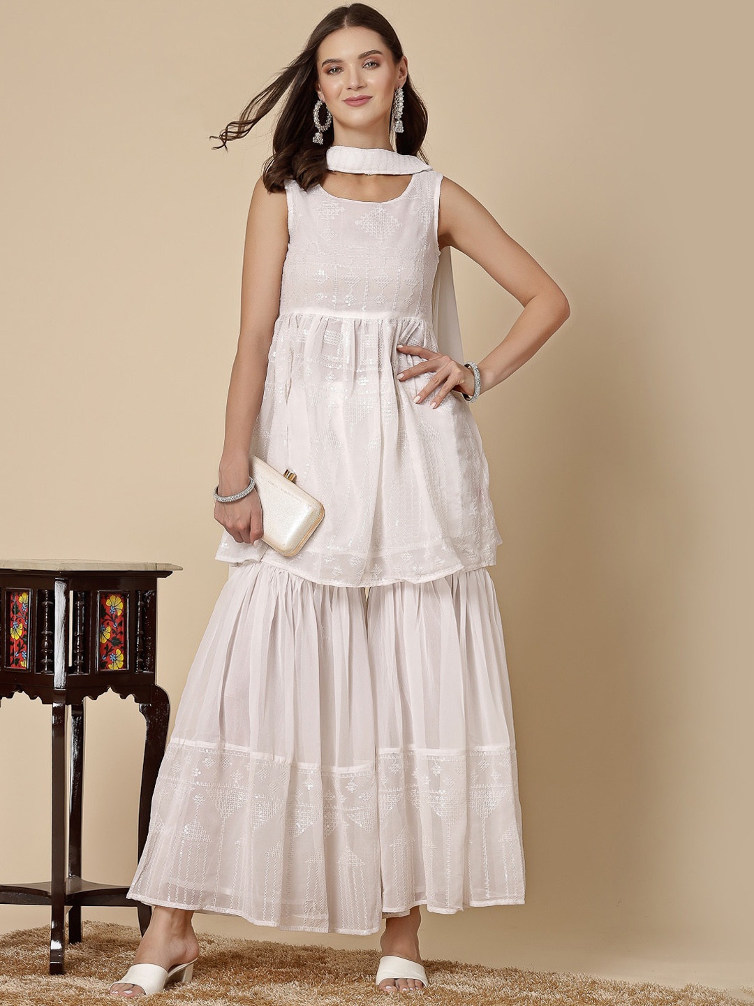

Sangria White Geometric Embroidered A Line Kurta With Sharara And Dupatta