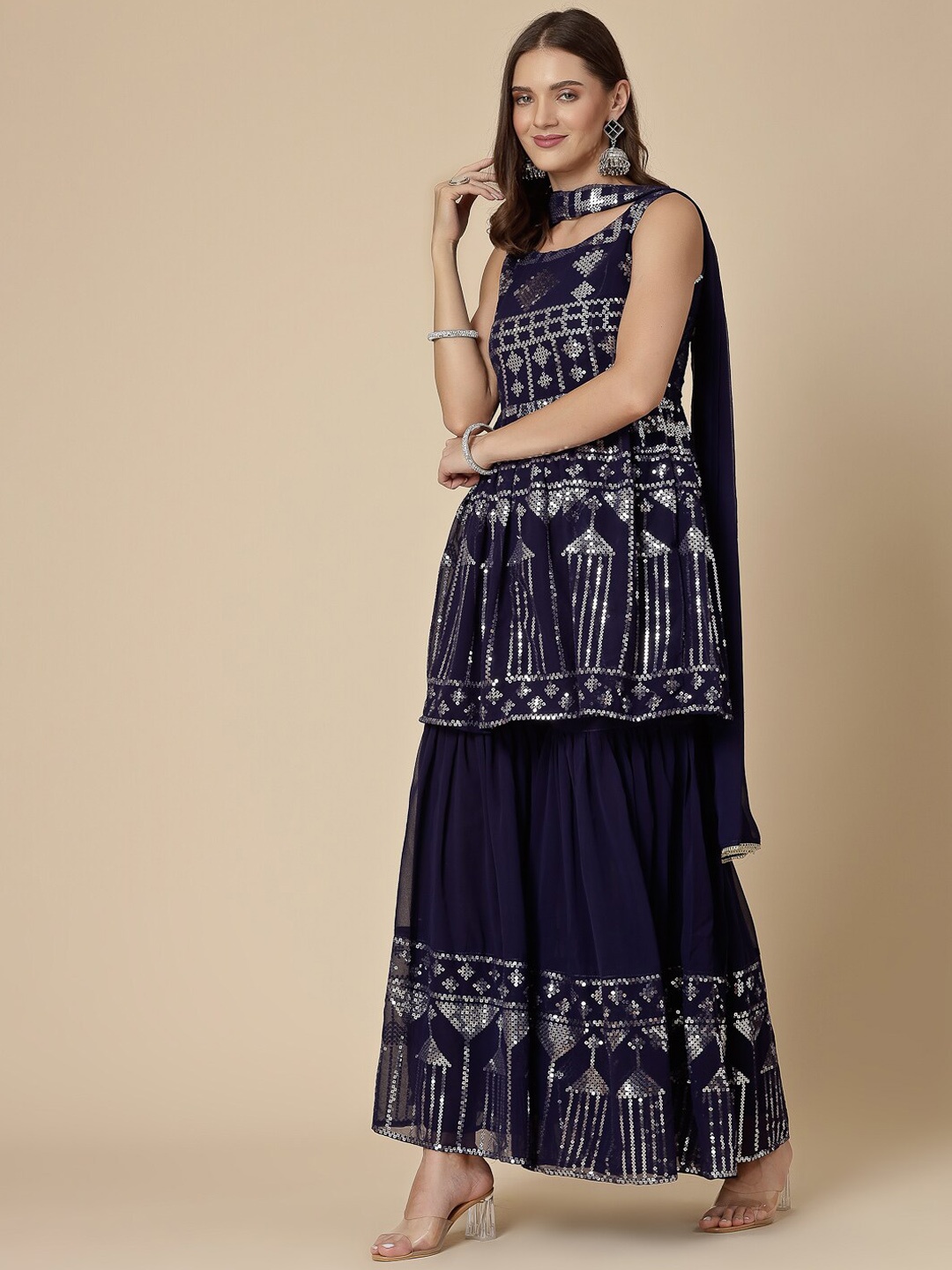 

Sangria Blue Geometric Embroidered Sequinned A-Line Kurti With Sharara & Dupatta Set