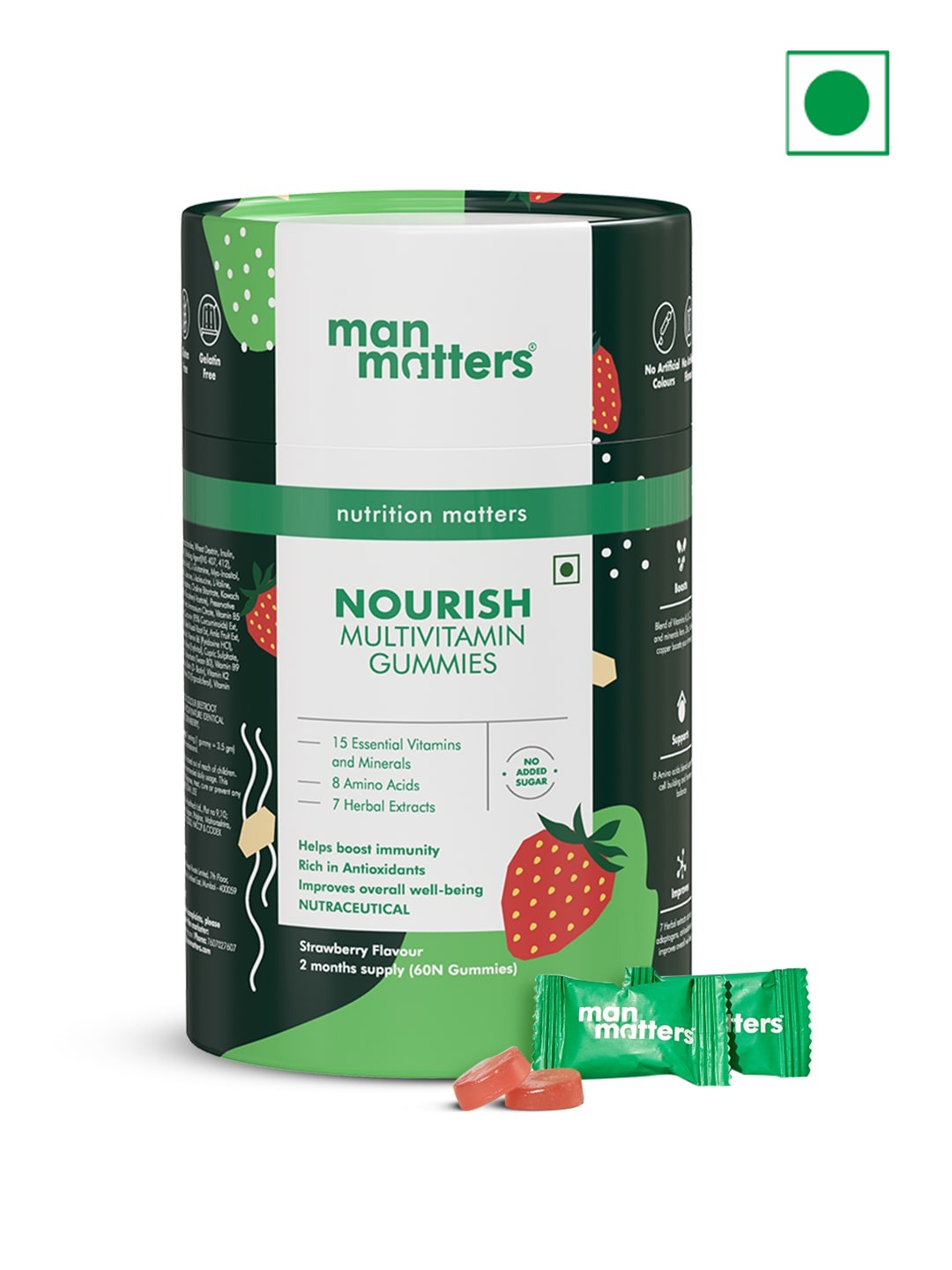 

Man Matters Nourish Multivitamin Gummies For Immunity - Strawberry Flavour - 60 Gummies, Green
