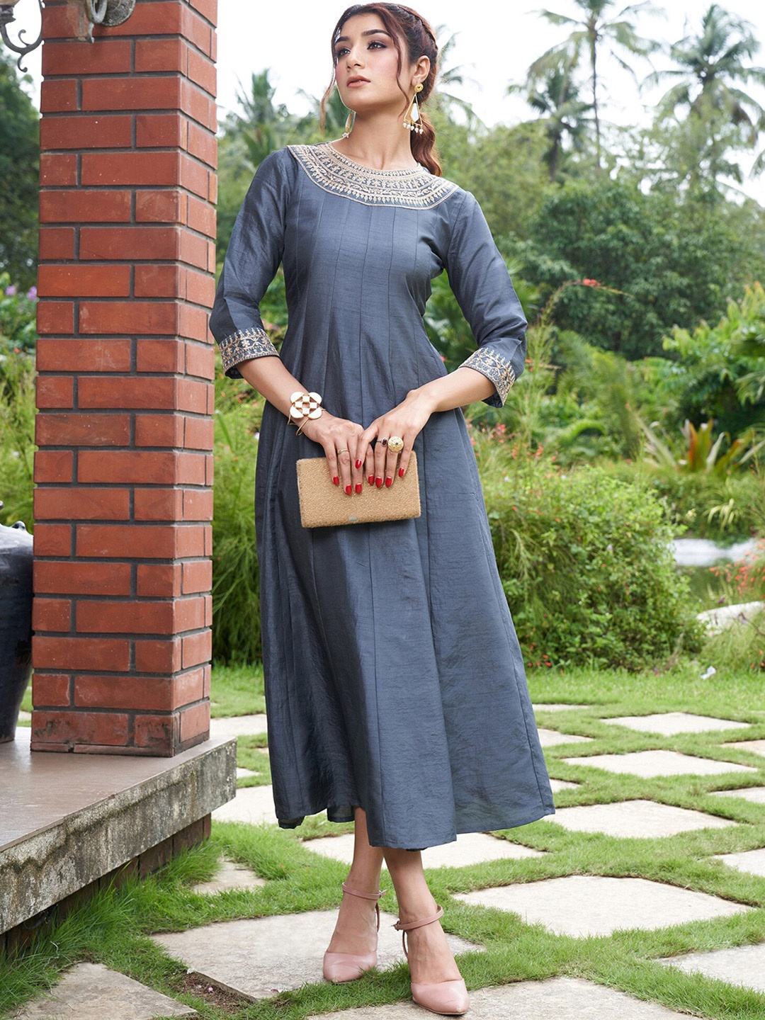 

Indo Era Yoke Design Thread Work Anarkali Kurta, Grey