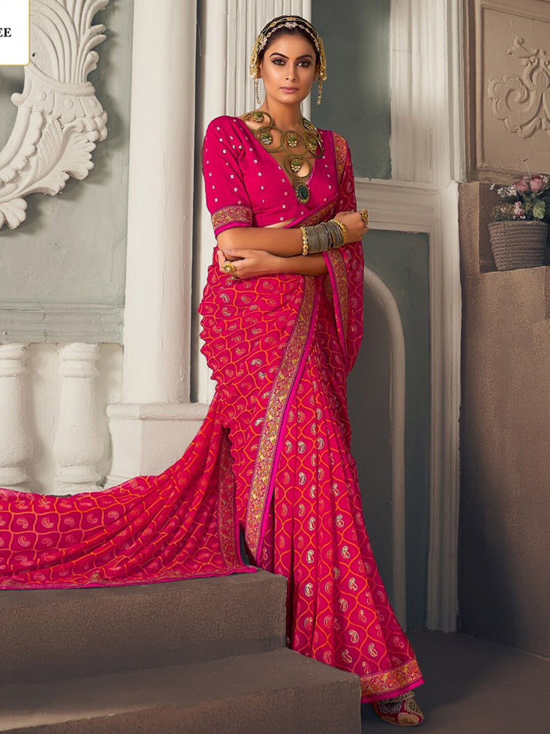 

Anouk Pink & Orange Paisley Printed Embroidered Bagru Saree