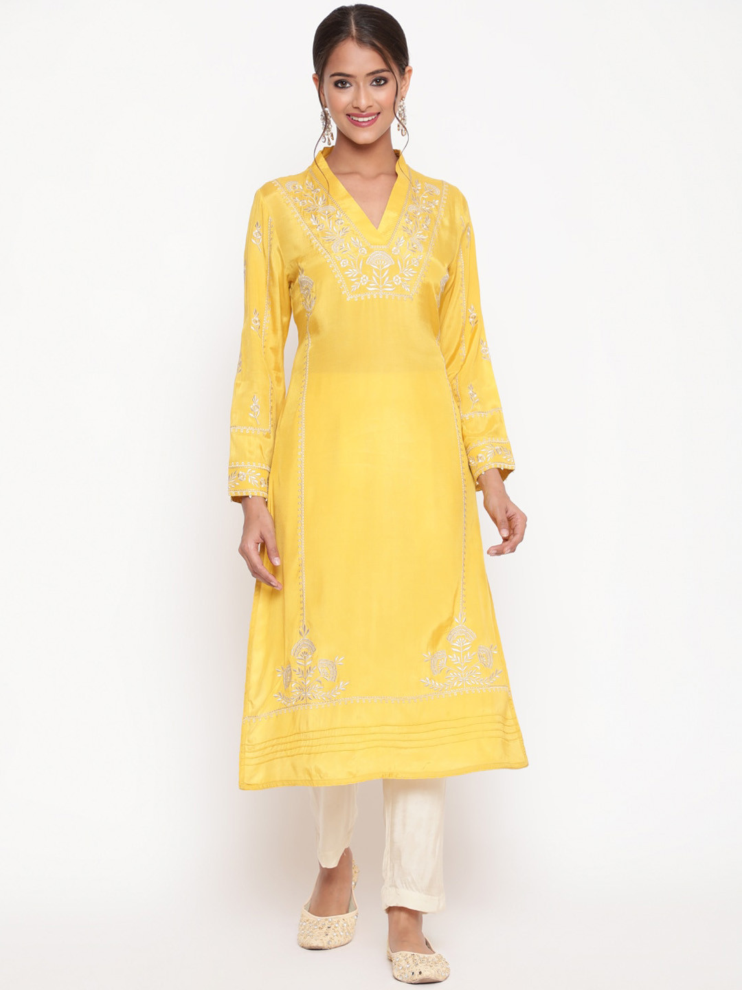 

SAVI Embroidered Straight Kurta & Trousers Set, Mustard