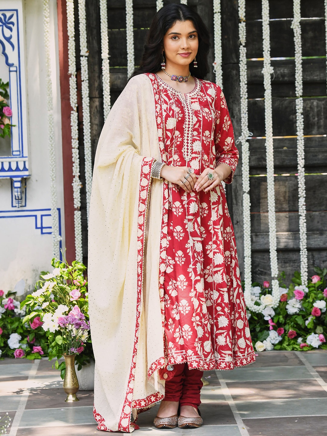 

SAVI Floral Embroidered Mirror Work Pure Cotton Kurta with Churidar & With Dupatta, Maroon