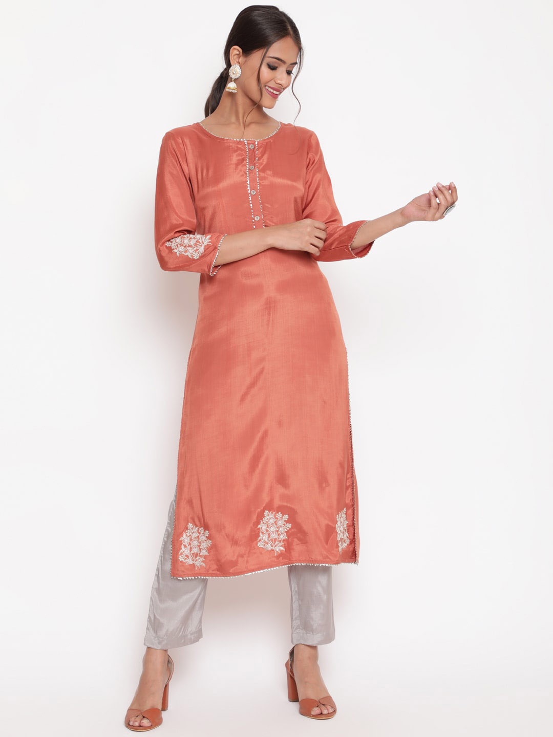 

SAVI Embroidered Straight Kurta & Trousers Set, Rust