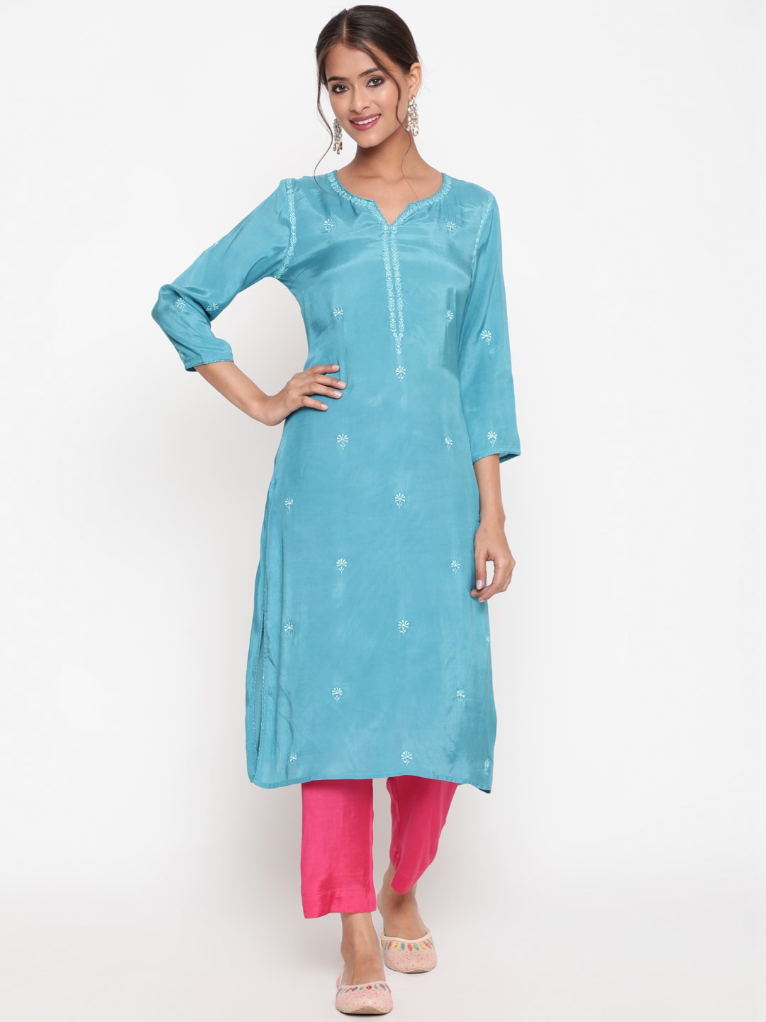 

SAVI Embroidered Straight Kurta & Trousers Set, Blue