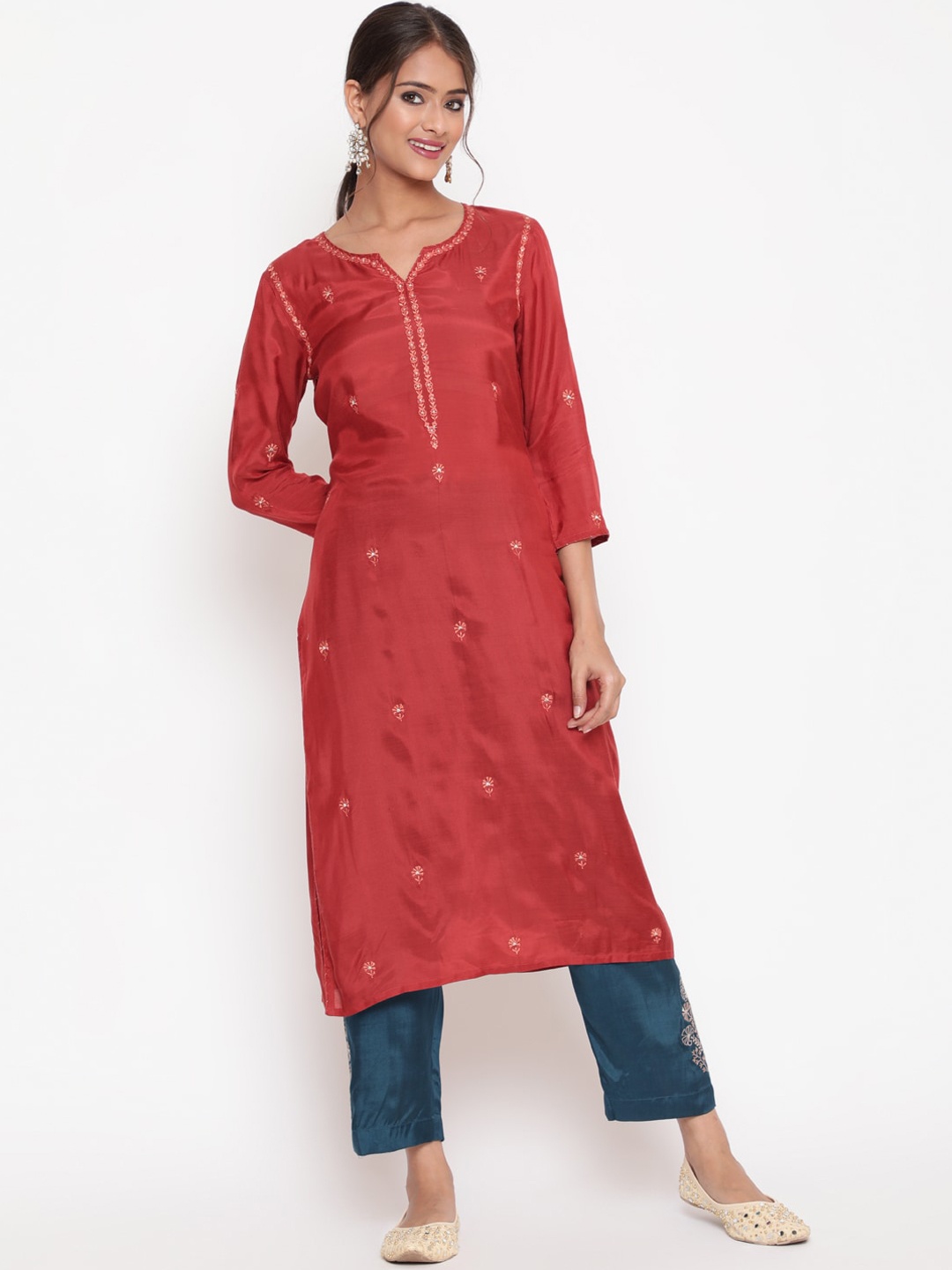 

SAVI Embroidered Straight Kurta & Trousers Set, Rust