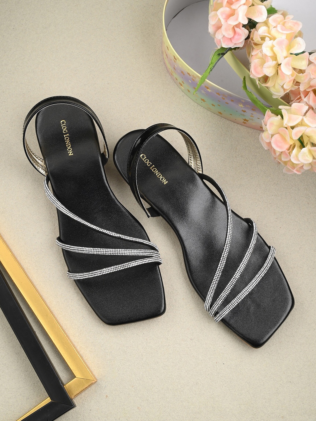

CLOG LONDON Women Black Embellished Party Open Toe Flats