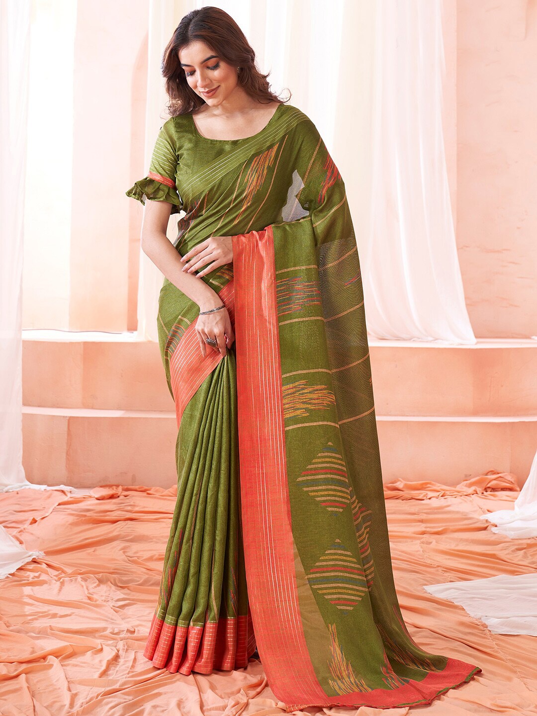 

Saree mall Abstract Printed Dabu Sarees, Olive