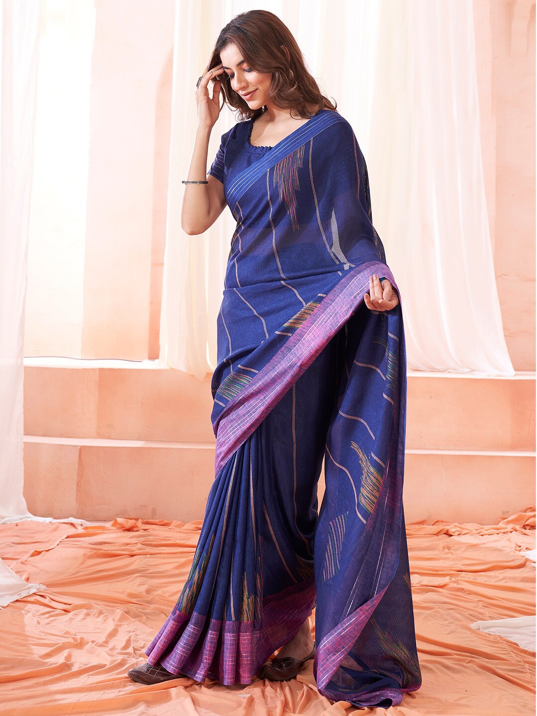 

Saree mall Abstract Printed Dabu Sarees, Navy blue