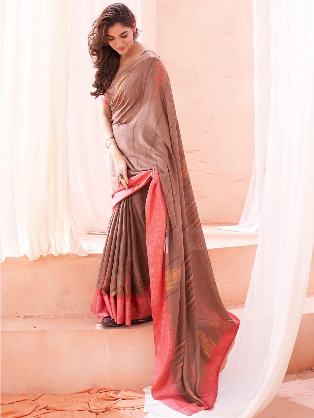 

Saree mall Abstract Printed Dabu Sarees, Brown