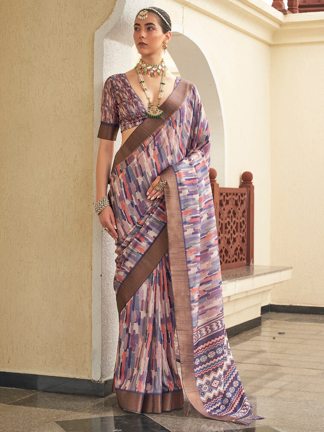 

Saree mall Abstract Printed Zari Sungudi Saree, Purple