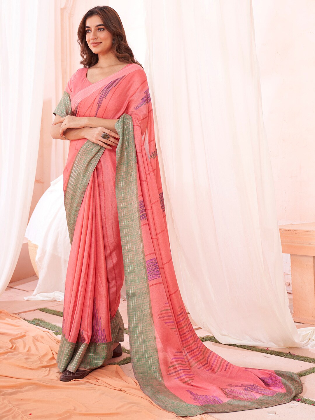 

Saree mall Abstract Printed Dabu Saree, Pink