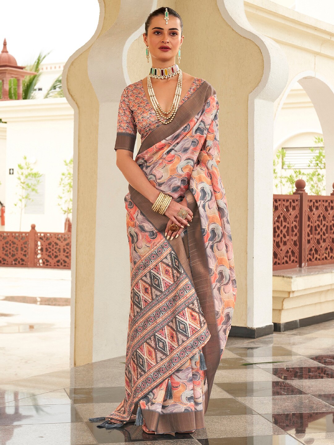 

Saree mall Abstract Printed Zari Sungudi Saree, Pink