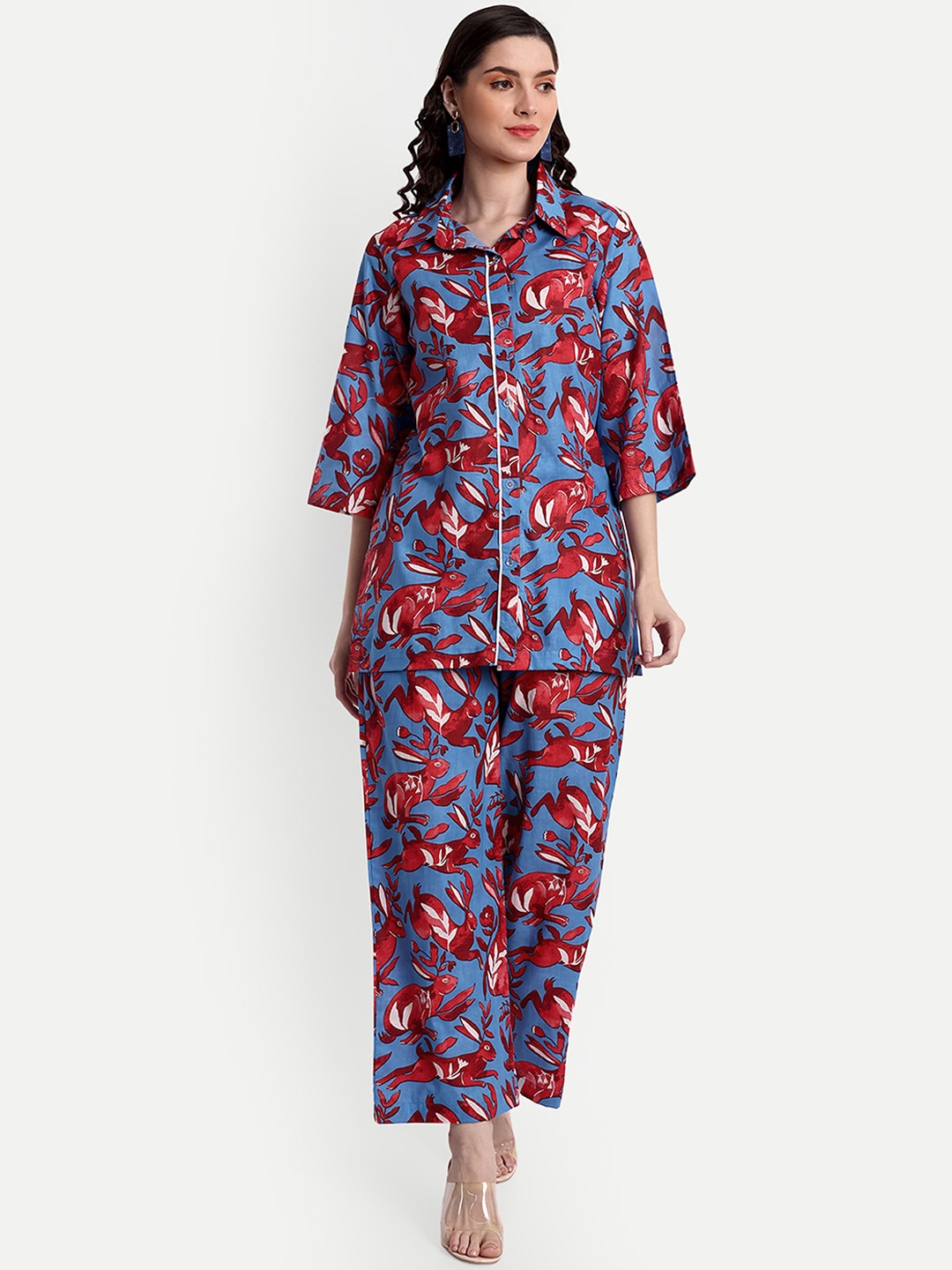

githaan Animal Printed Shirt Collar Flared Sleeves Pure Cotton Shirt & Palazzos, Blue