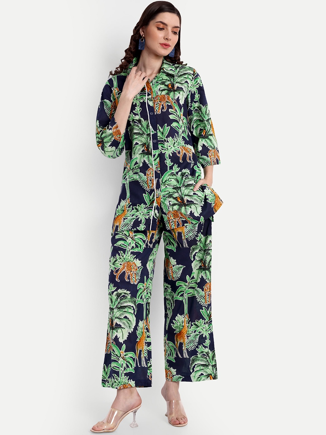

githaan Printed Pure Cotton Shirt & Trousers Co-ords, Navy blue