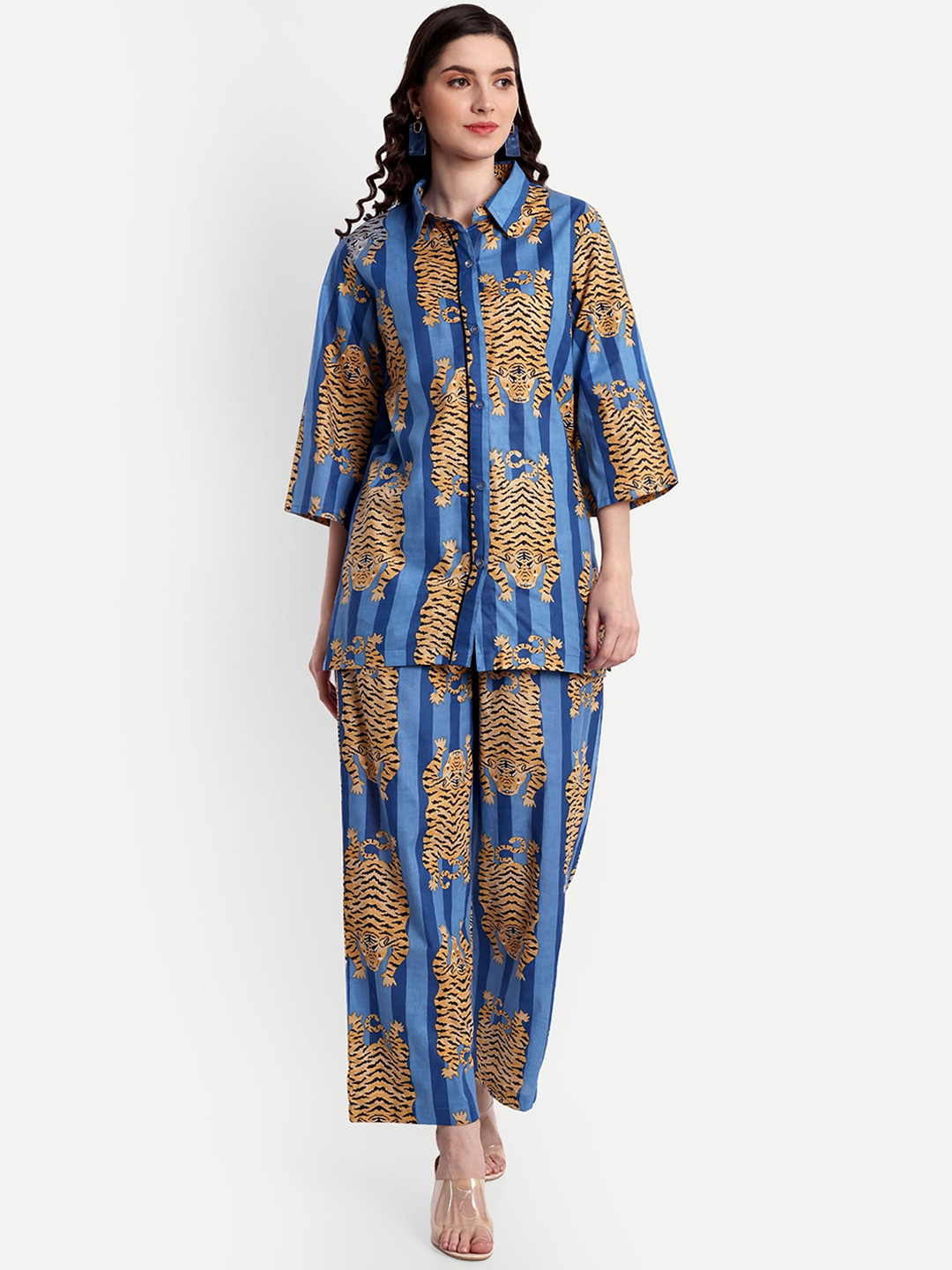 

githaan Printed Pure Cotton Shirt & Trousers Co-ords, Navy blue