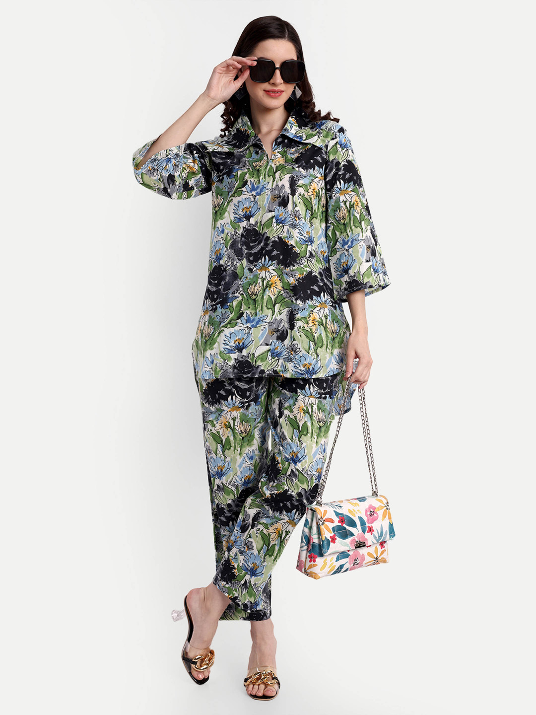 

githaan Printed Pure Cotton Shirt & Trousers, Green