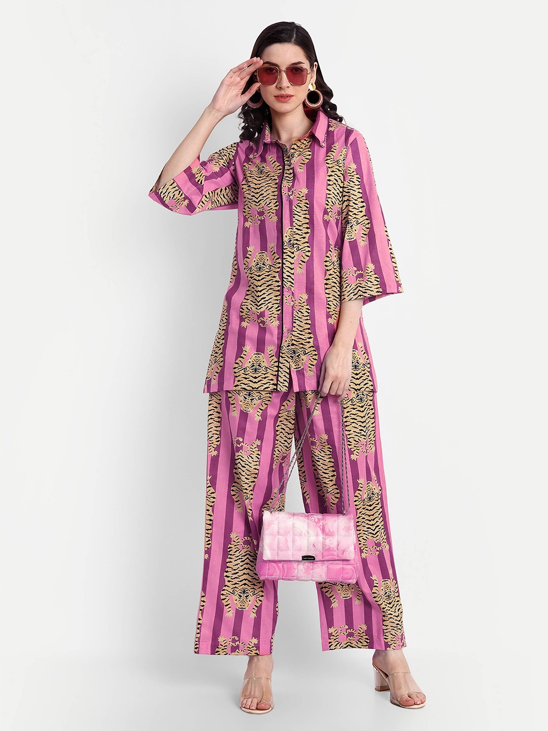 

githaan Printed Pure Cotton Shirt & Trousers, Pink