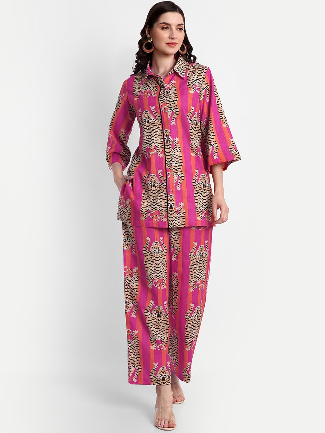 

githaan Printed Pure Cotton Shirt & Trousers Co-ords, Pink