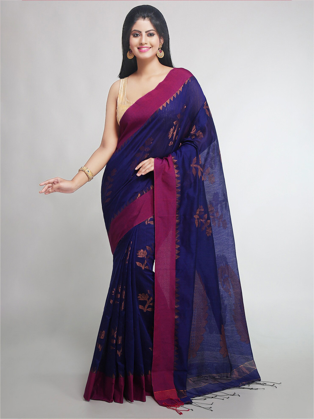 

WoodenTant Ethnic Motifs Woven Design Zari Silk Cotton Banarasi Saree, Blue