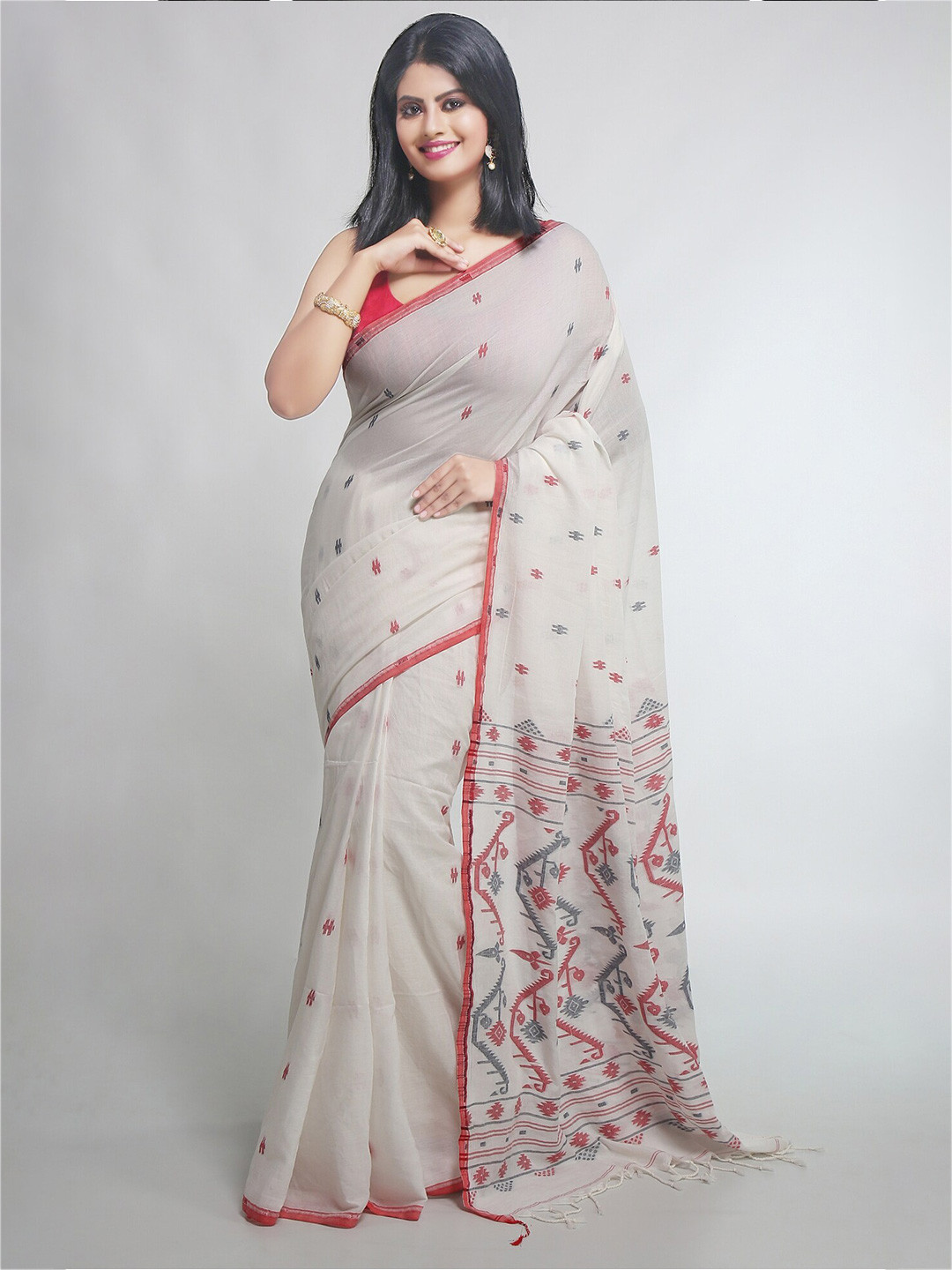 

WoodenTant Ethnic Motifs Woven Design Pure Cotton Jamdani Saree, Grey