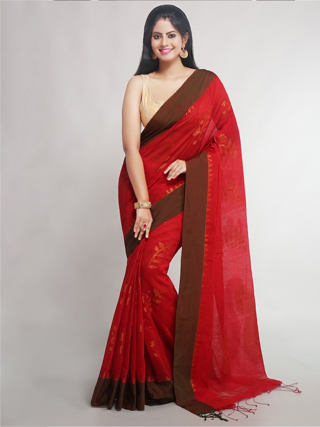 

WoodenTant Ethnic Motifs Woven Design Zari Silk Cotton Banarasi Saree, Red