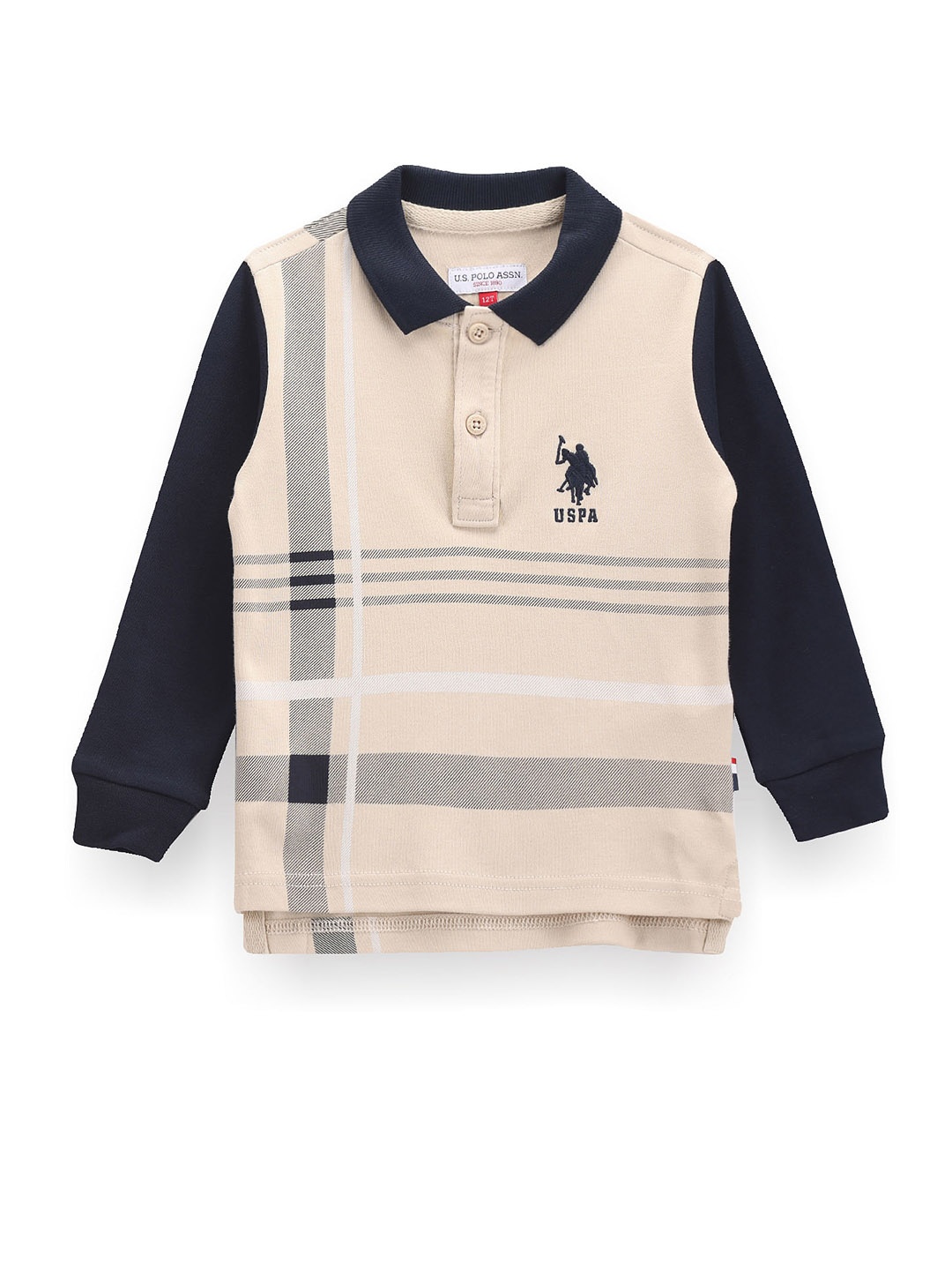 

U.S. Polo Assn. Kids Boys Striped Long Sleeves Plaid Polo Collar Pure Cotton T-shirt, Beige