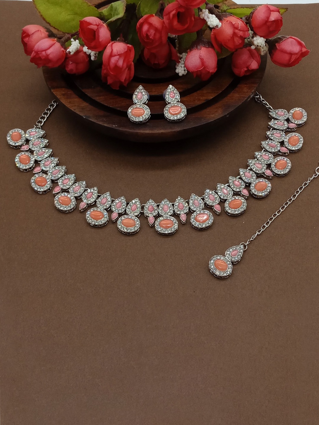 

AASHISH IMITATION Rhodium-Plated Stones Studded Necklace & Earrings With Maang Tika, Silver