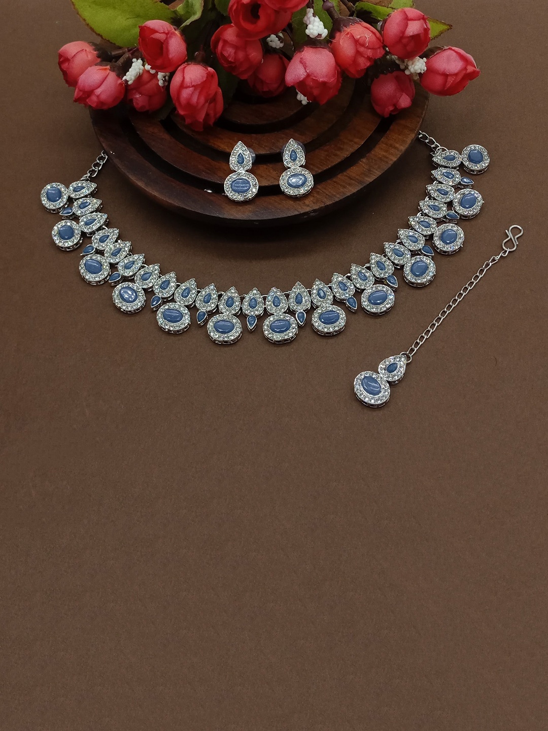 

AASHISH IMITATION Rhodium-Plated Stones Studded Necklace & Earrings With Maang Tika, Silver