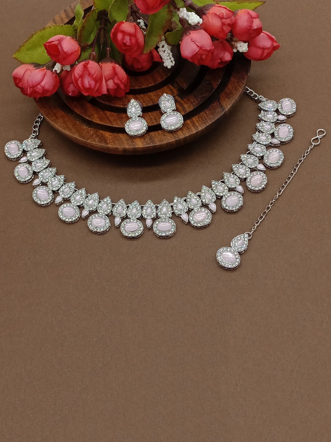 

AASHISH IMITATION Rhodium-Plated Stones Studded Necklace & Earrings With Maang Tika, Silver