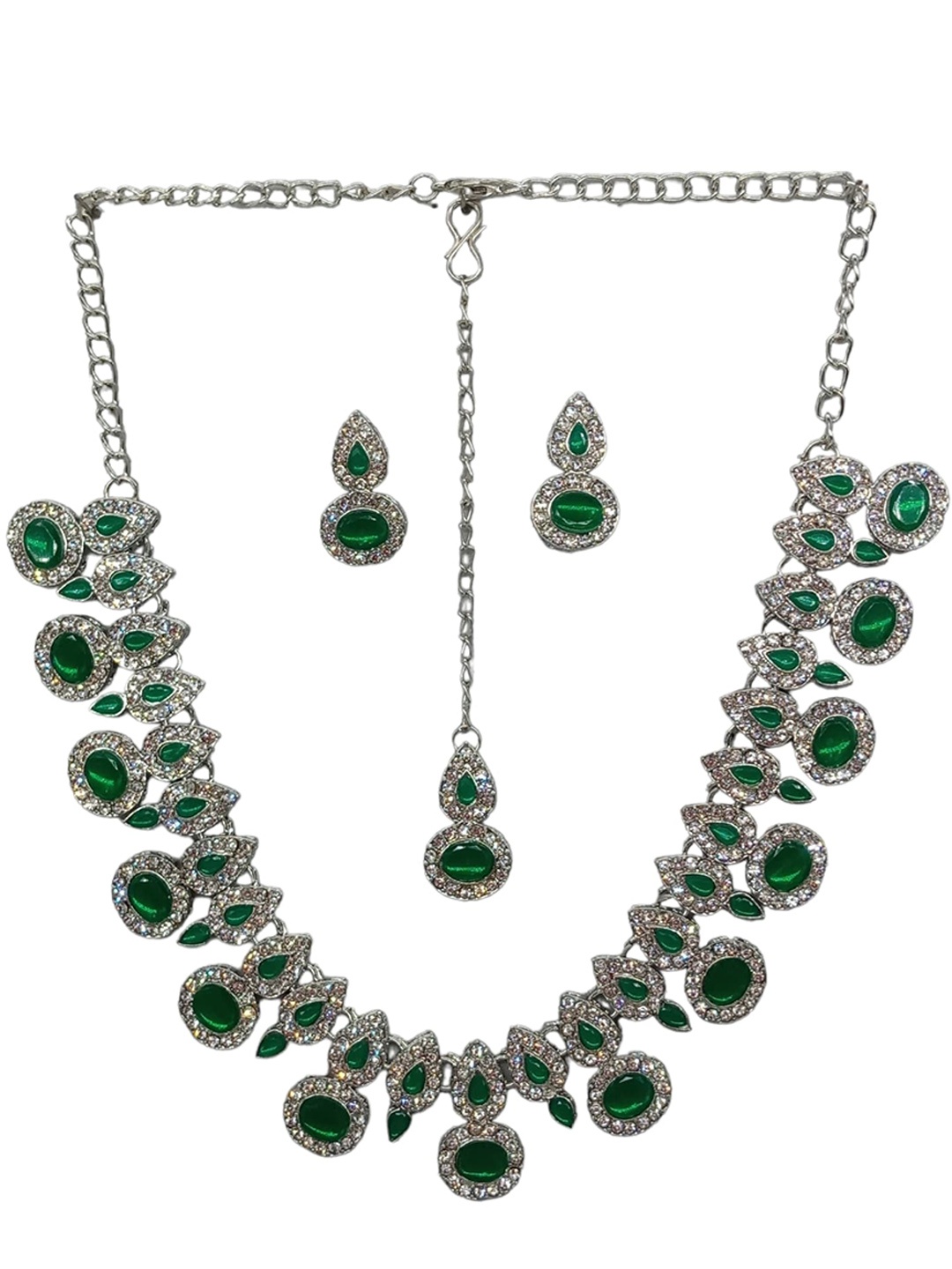 

AASHISH IMITATION Rhodium-Plated Stones Studded Necklace & Earrings With Maang Tika, Silver