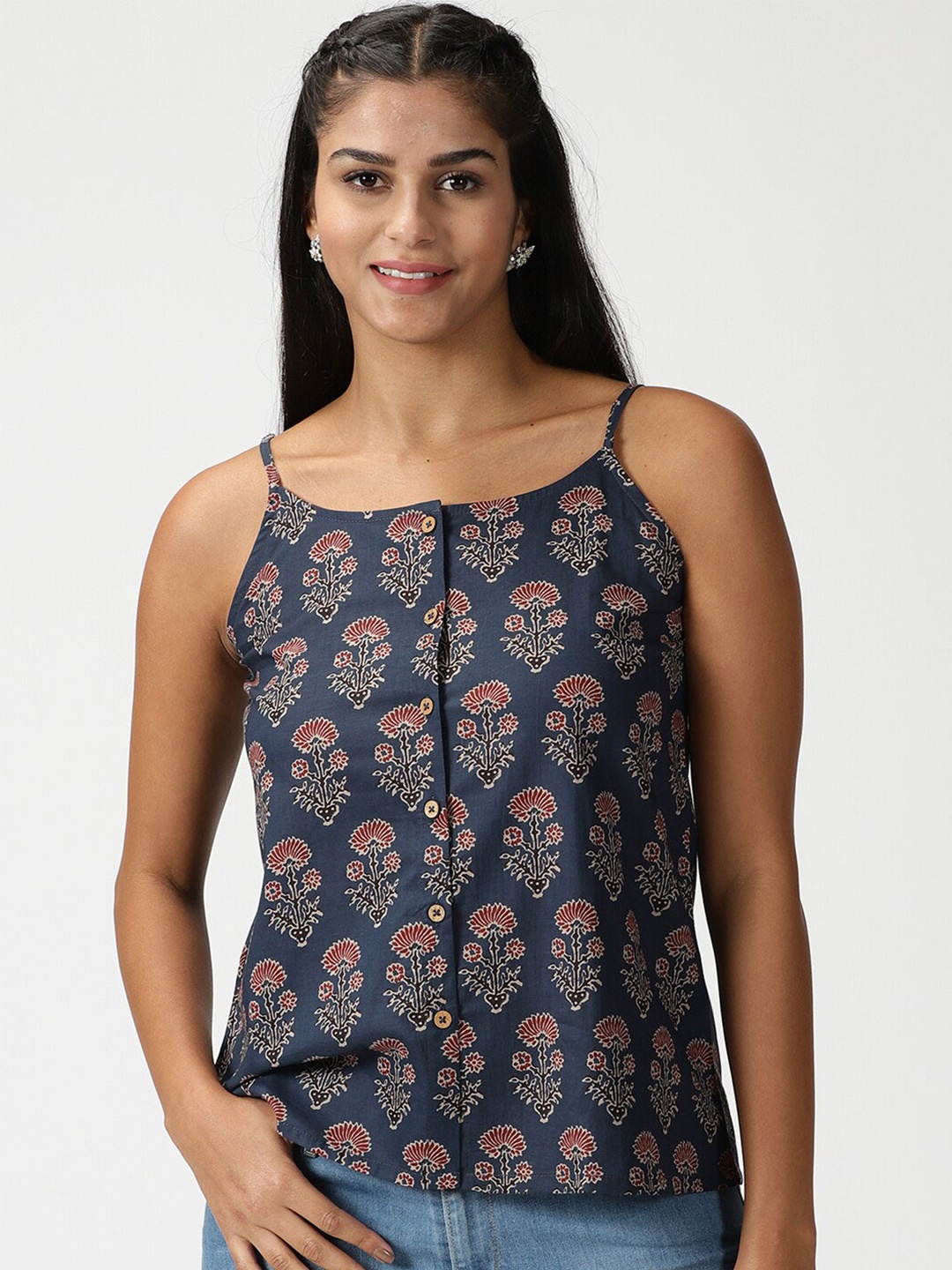 

Saffron Threads Dahila Printed Pure Cotton Shirt Style Top, Navy blue