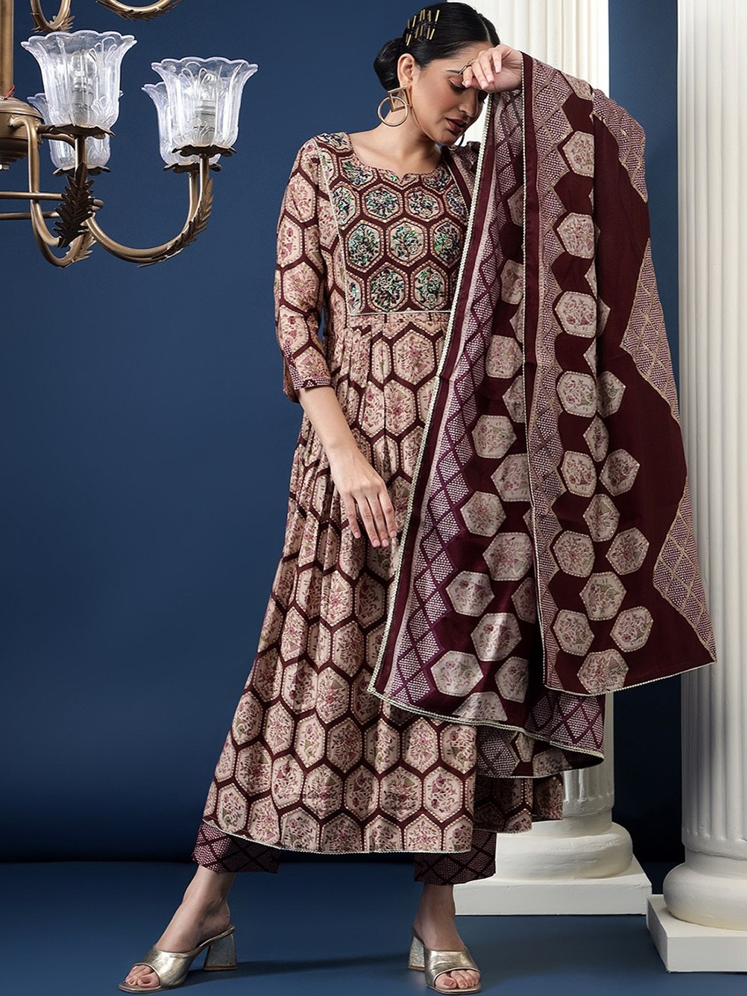 

Bani Women Ethnic Motifs Printed Pleated Gotta Patti Kurta with Trousers & Dupatta, Maroon