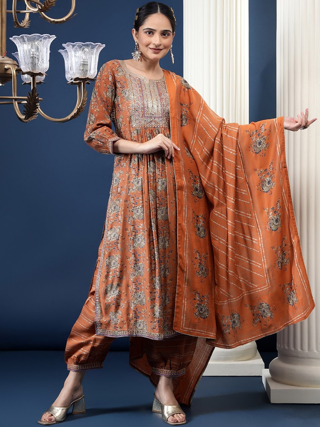 

Bani Women Ethnic Motifs Printed Sequinned Chanderi Silk Kurta With Salwar & Dupatta, Brown