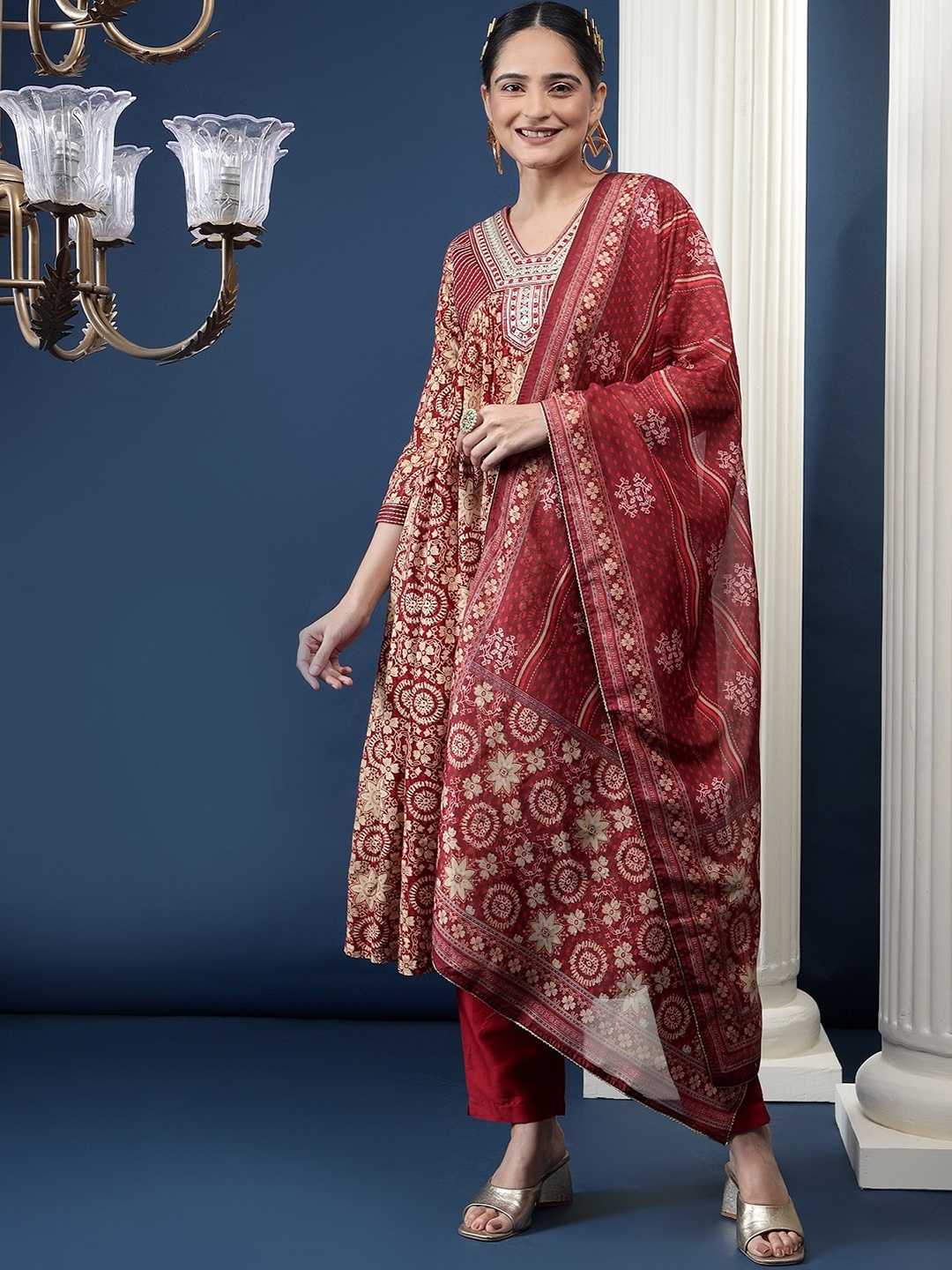 

Bani Women Ethnic Motif Printed Thread Work Kurta with Trousers & With Dupatta, Maroon