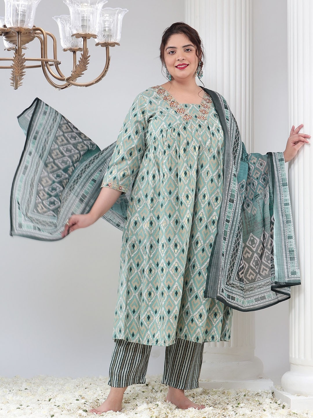 

Bani Women Plus Size Ethnic Motif Printed Pure Cotton Kurta with Trousers & Dupatta, Green