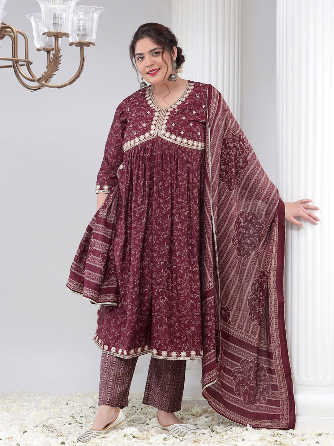 Bani Women Plus Size Floral Printed Thread Work Empire Kurta With Trousers & Dupatta, Purple