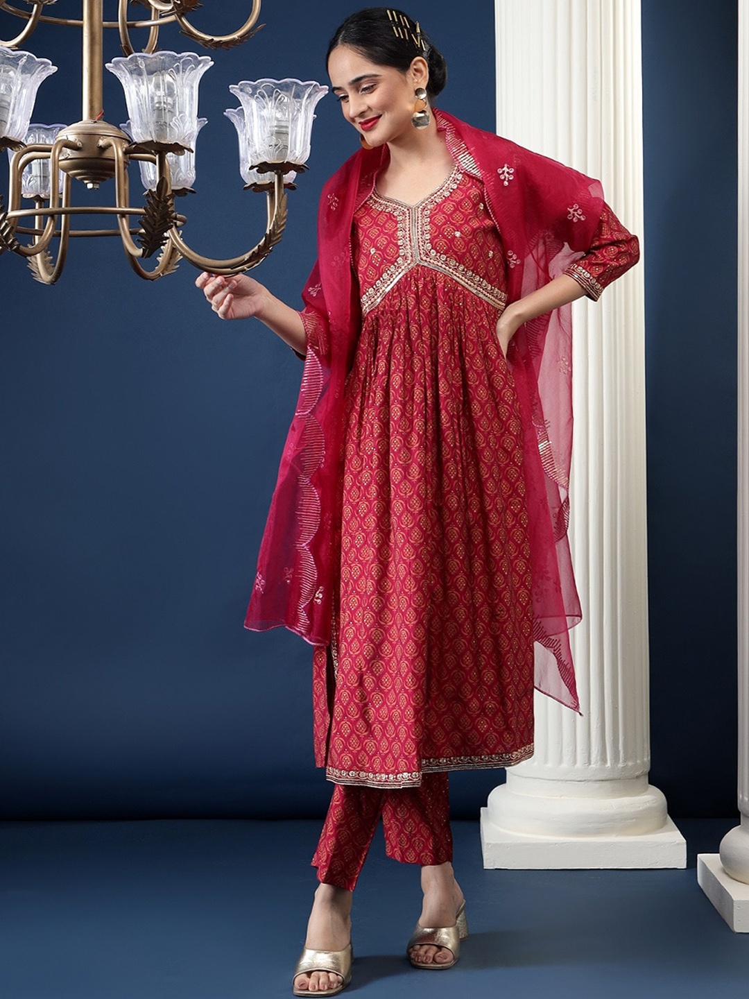 

Bani Women Floral Printed Sequined Chanderi Silk Empire Kurta With Trousers & Dupatta, Fuchsia