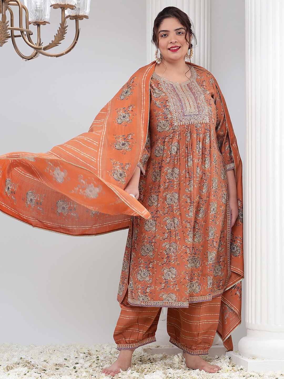 

Bani Women Plus Size Printed Thread Work Chanderi Silk Kurta with Salwar & Dupatta, Orange