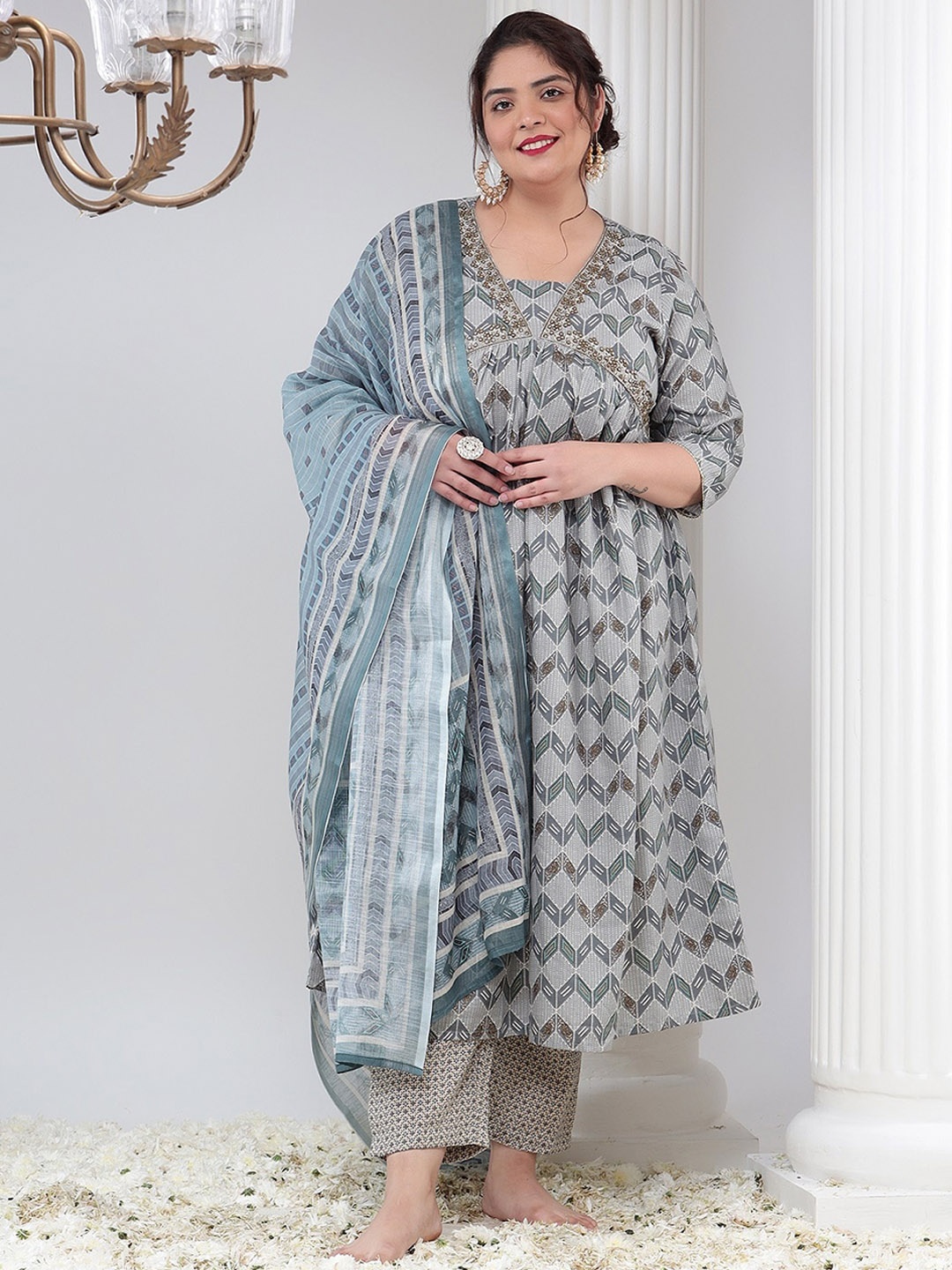 

Bani Women Plus Size Printed Thread Work A-Line Pure Cotton Kurta with Trousers & Dupatta, Grey