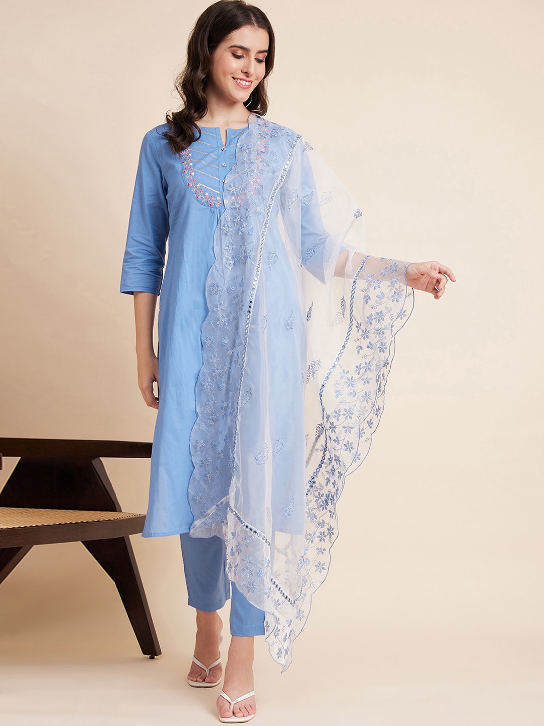 

all about you Floral Embroidered Thread Work Pure Cotton Kurta with Trousers & Dupatta, Turquoise blue