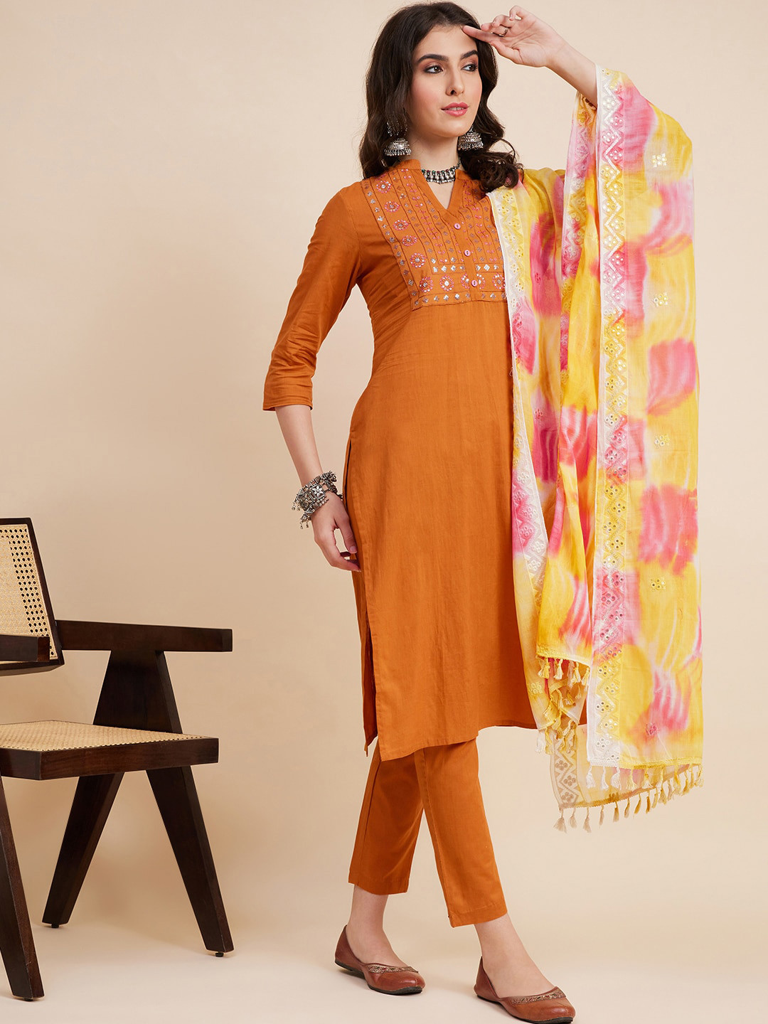 

all about you Yoke Design Sequinned Pure Cotton Kurta with Trousers & Dupatta, Mustard